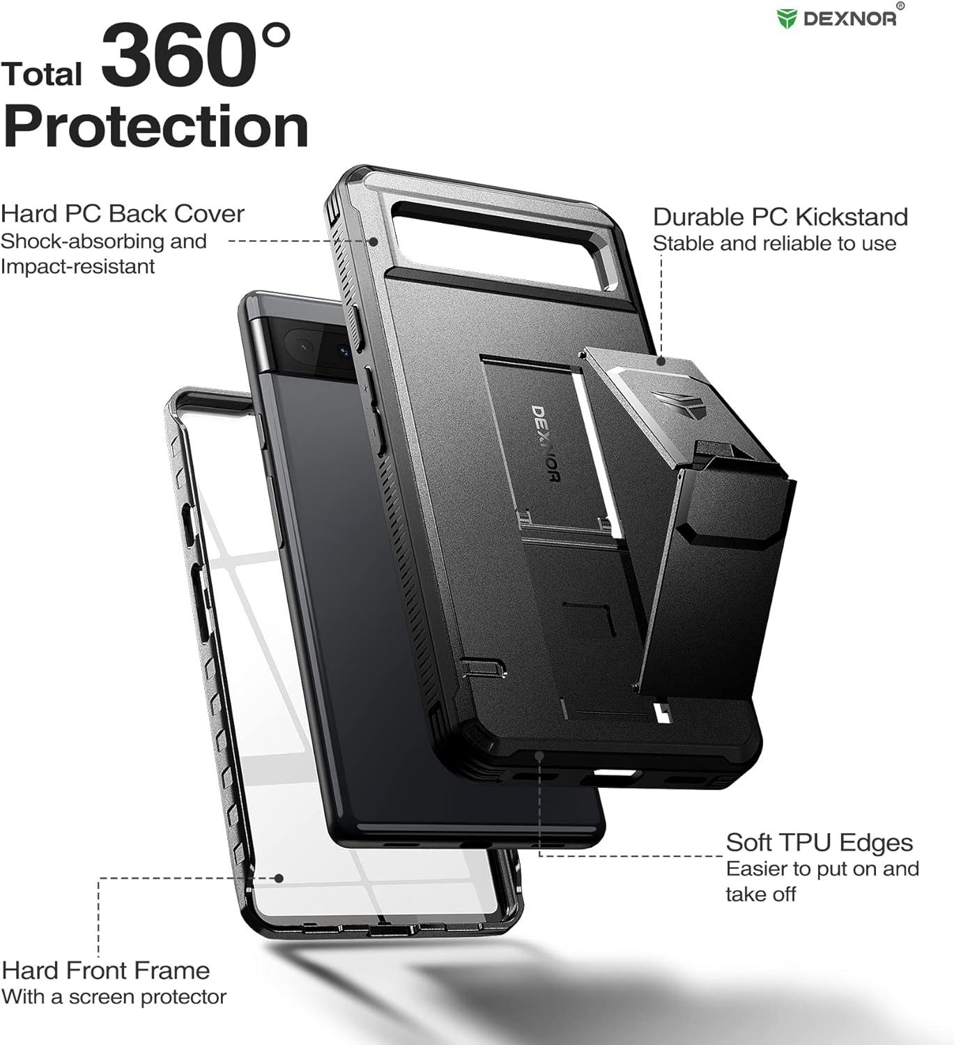 Full Body Case for Google Pixel 6A, Heavy Duty Military Grade Protection, Black