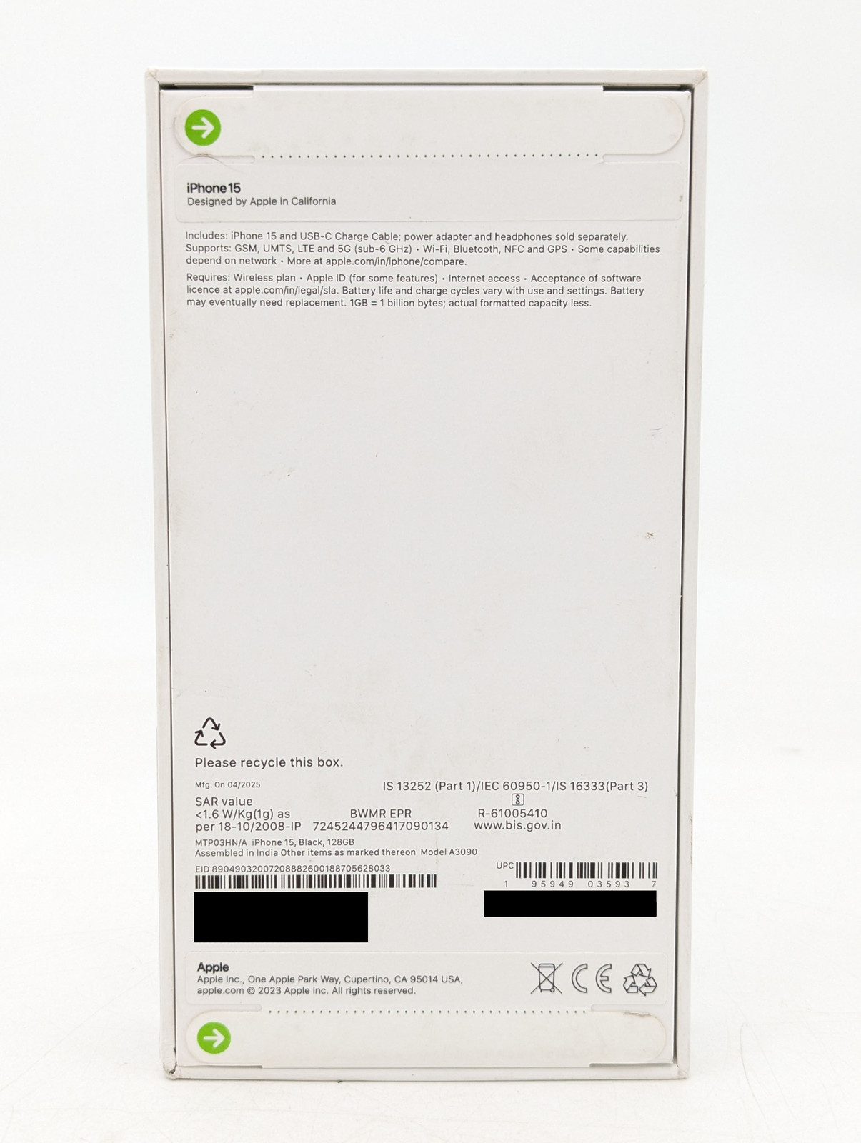 Apple iPhone 15 A3090 128GB | Black | UNLOCKED | Physical SIM