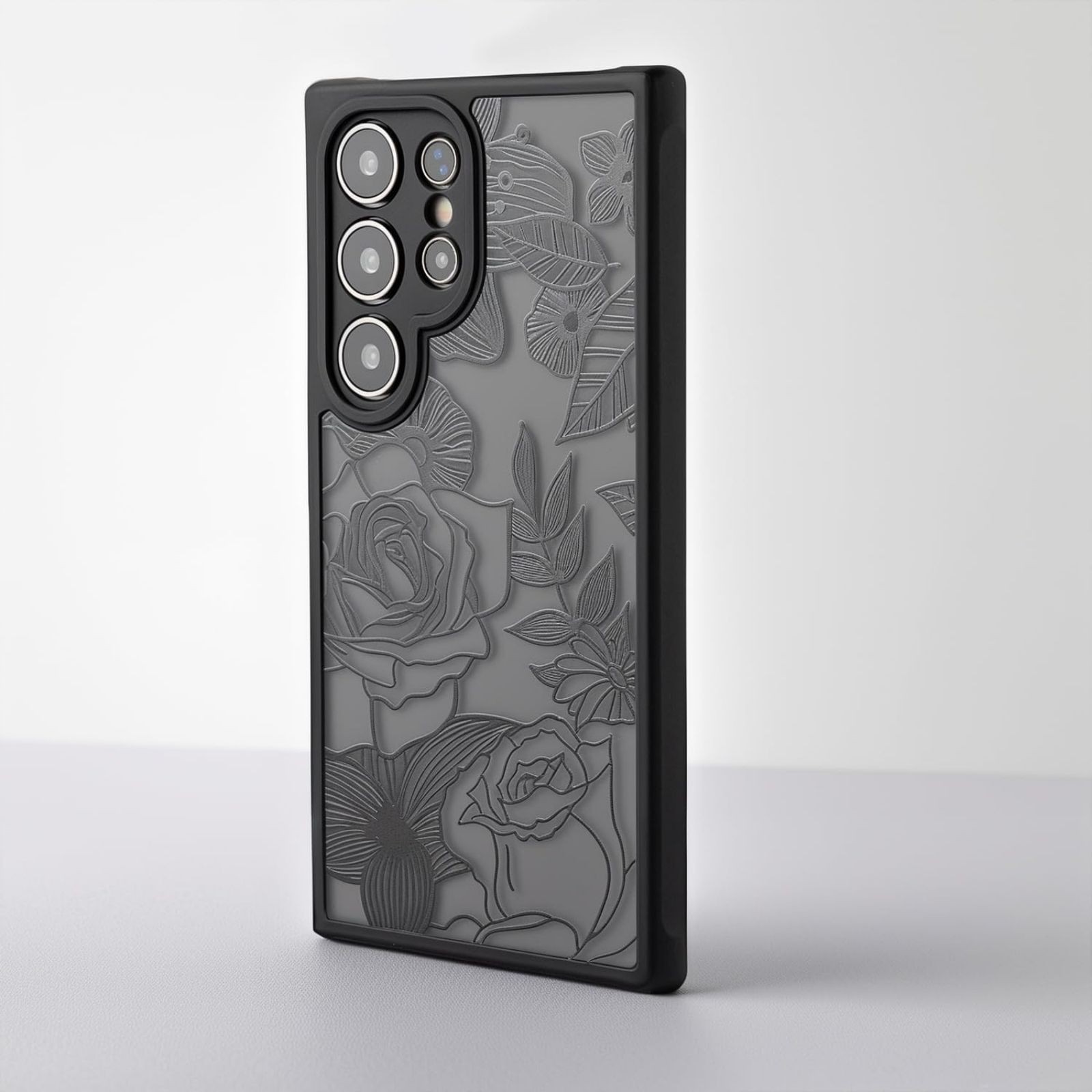 Cute Galaxy S24 Ultra Case, Black Line Art Floral Rose Pattern, Slim Shockproof