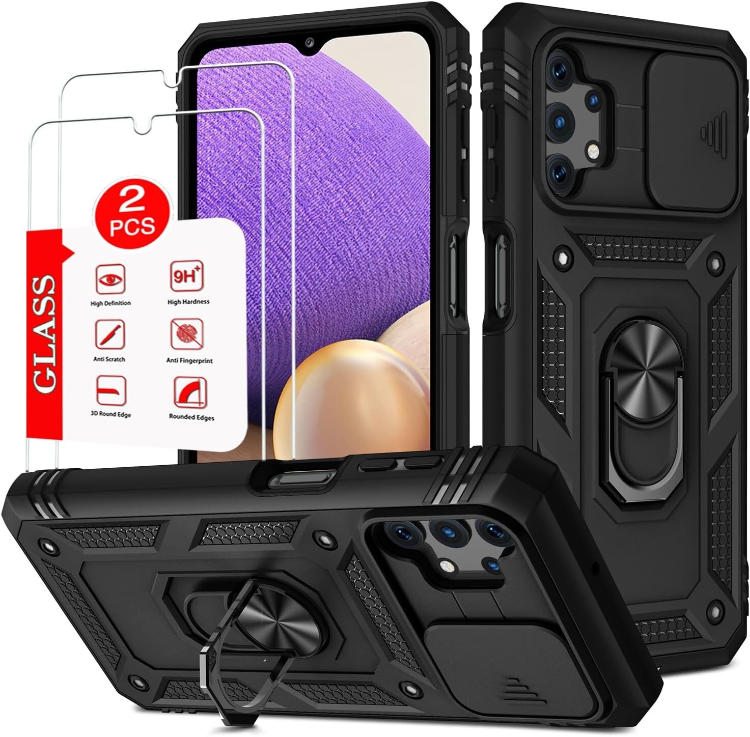 Samsung Galaxy A32 5G Case 6.5 In” Heavy Duty Kickstand 2 Screen Protector Black