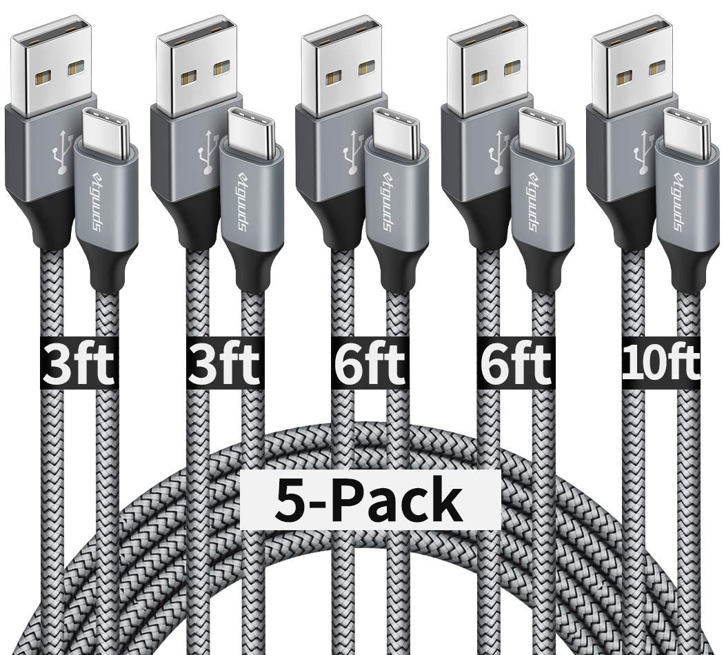5-Pack USB A to USB C Cable (3/3/6/6/10 ft) Fast Charging Type C Charger Cord