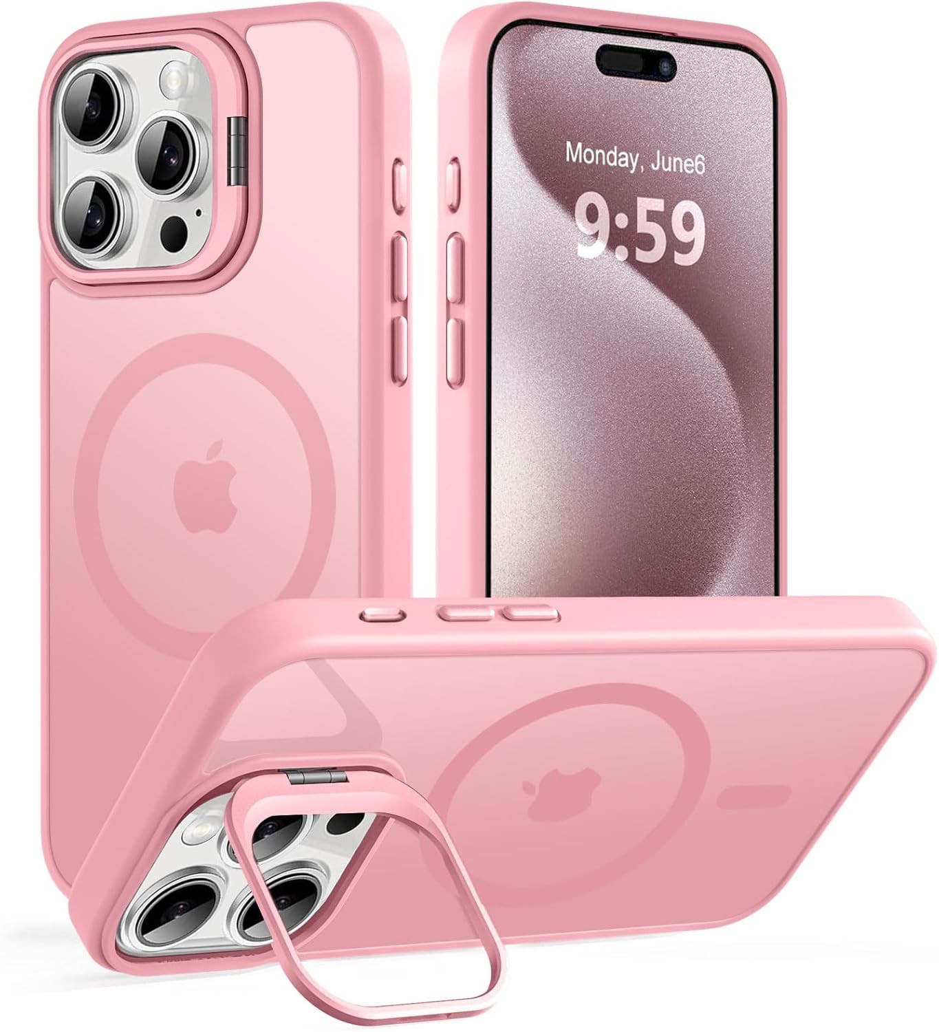 iPhone 15 Pro Max Magnetic Case with Kickstand, Military Protection, Pink Skin F