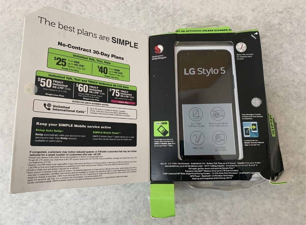 LG Stylo 5 6.2″ 32GB ROM/3GB RAM Prepaid Cellphone for Simple Mobile (Locked)