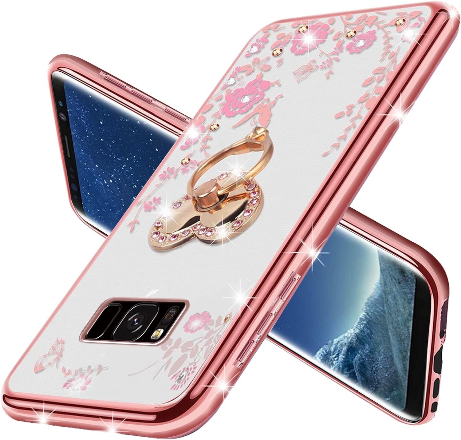 For Samsung Galaxy S8 Plus Case Bling Glitter Phone Cover + Ring Stand-Rose Gold