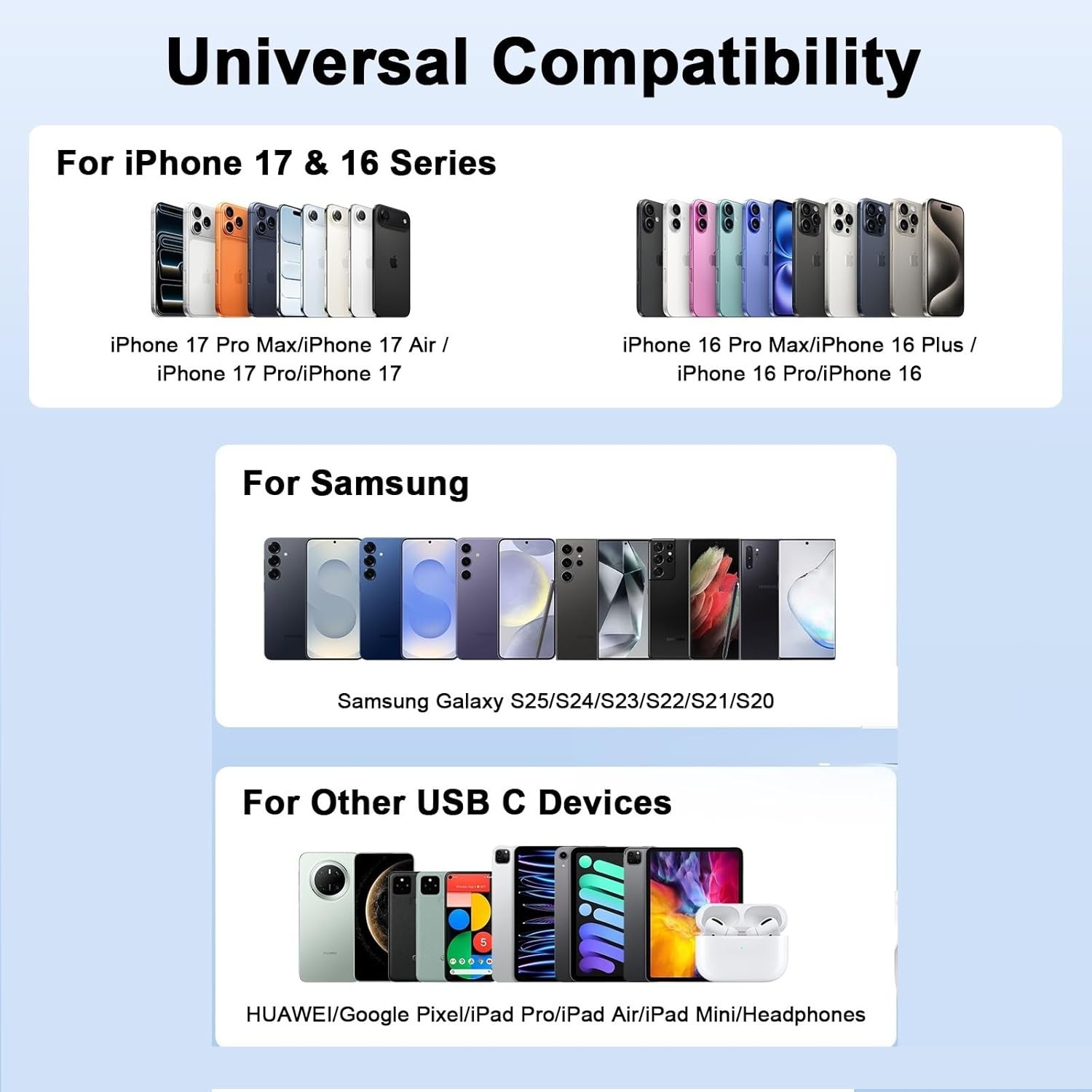 3-Pack 60W USB-C Fast Charger Adapter for iPhone 17 Pro/16 Pro Max 10ft