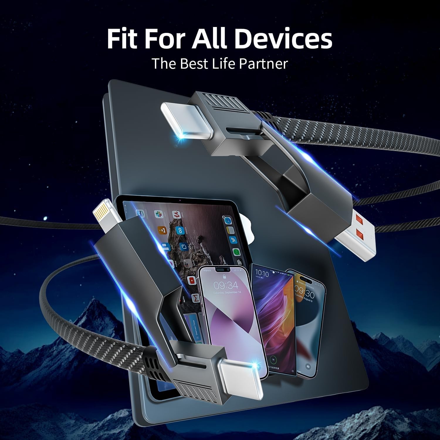 4 in 1 Charging Cable Fast Charging 65W, USB C Multi Charging Cable 4FT