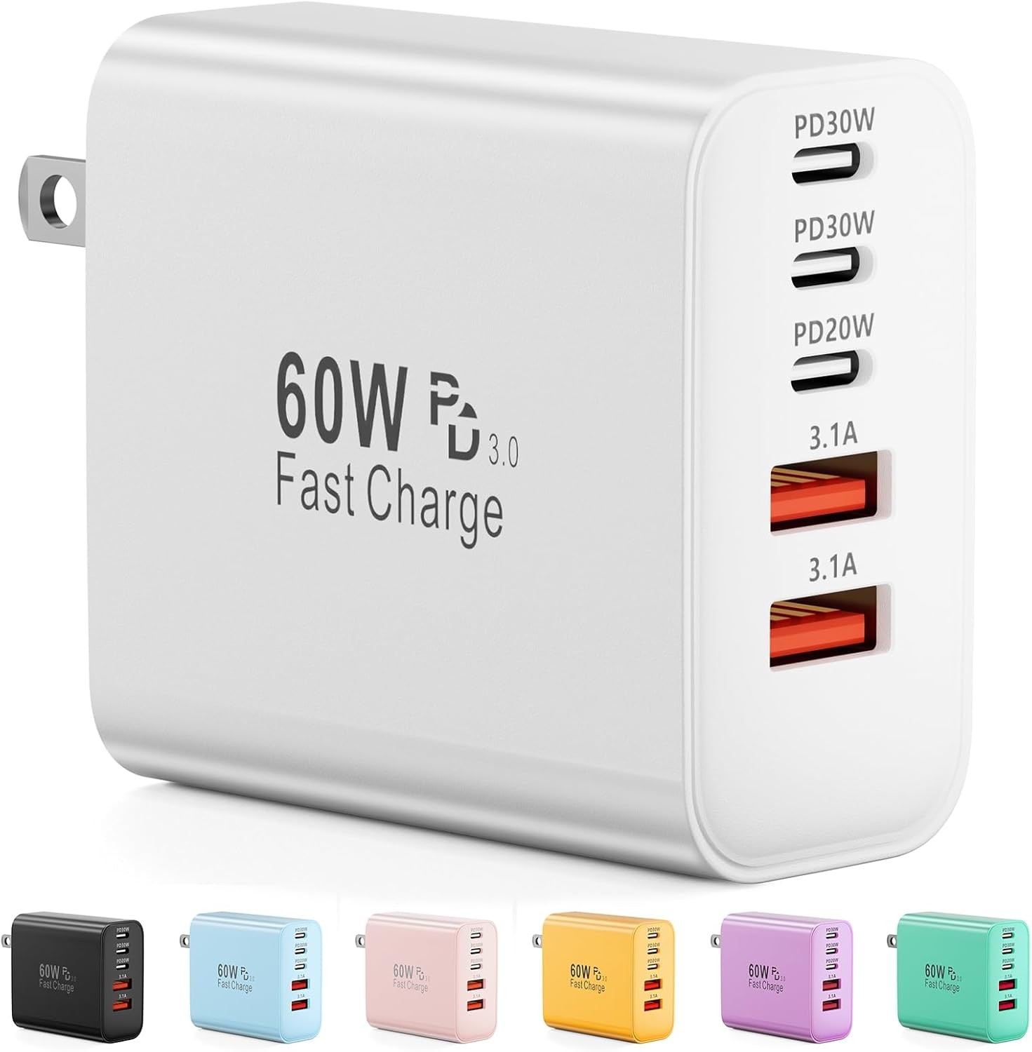 60W 5-Port USB-C Fast Charger Wall Adapter for iPhone 17, Samsung Galaxy