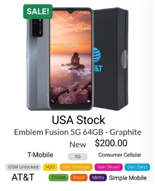 AT&T Emblem Fusion 5G 64GB GSM Unlocked Cricket/T-Mobile/Boost/Consumer/Metro