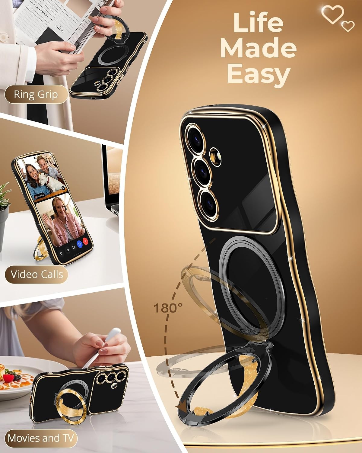 2PCS Case & O-Ring Stand for Samsung Galaxy S24 Ultra Soft Silicone Grip Black