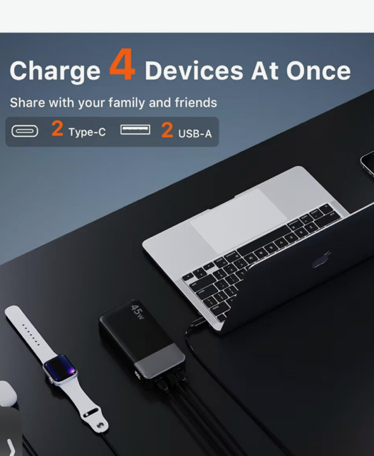 JUOVI 20000mAh 45W Power Bank USB -CD Fast Charging Portable Battery Pack LED