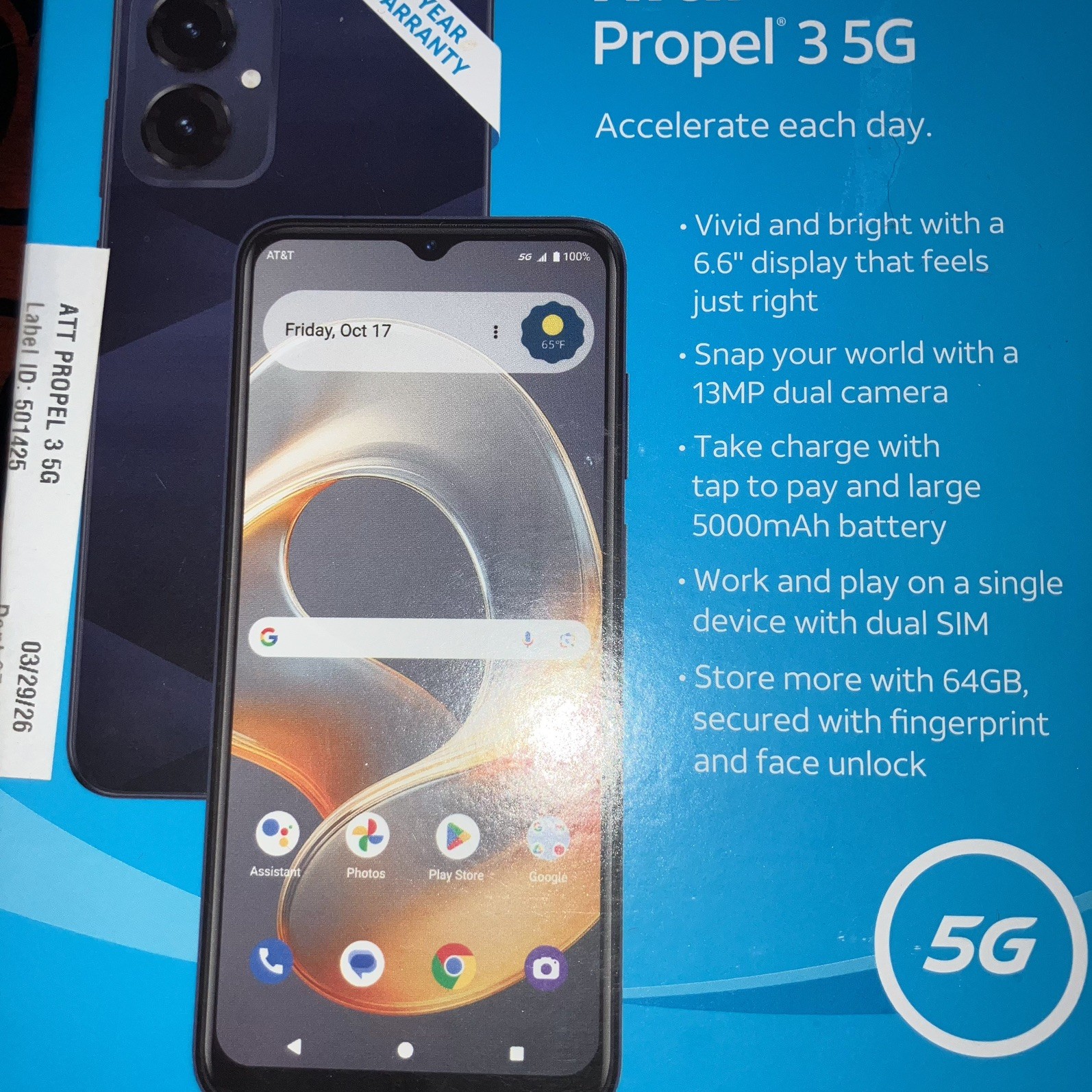 AT &T PROPEL 3 5G PREPAID BLACK 13 MP DUAL CAMERA UNOPENED BOX