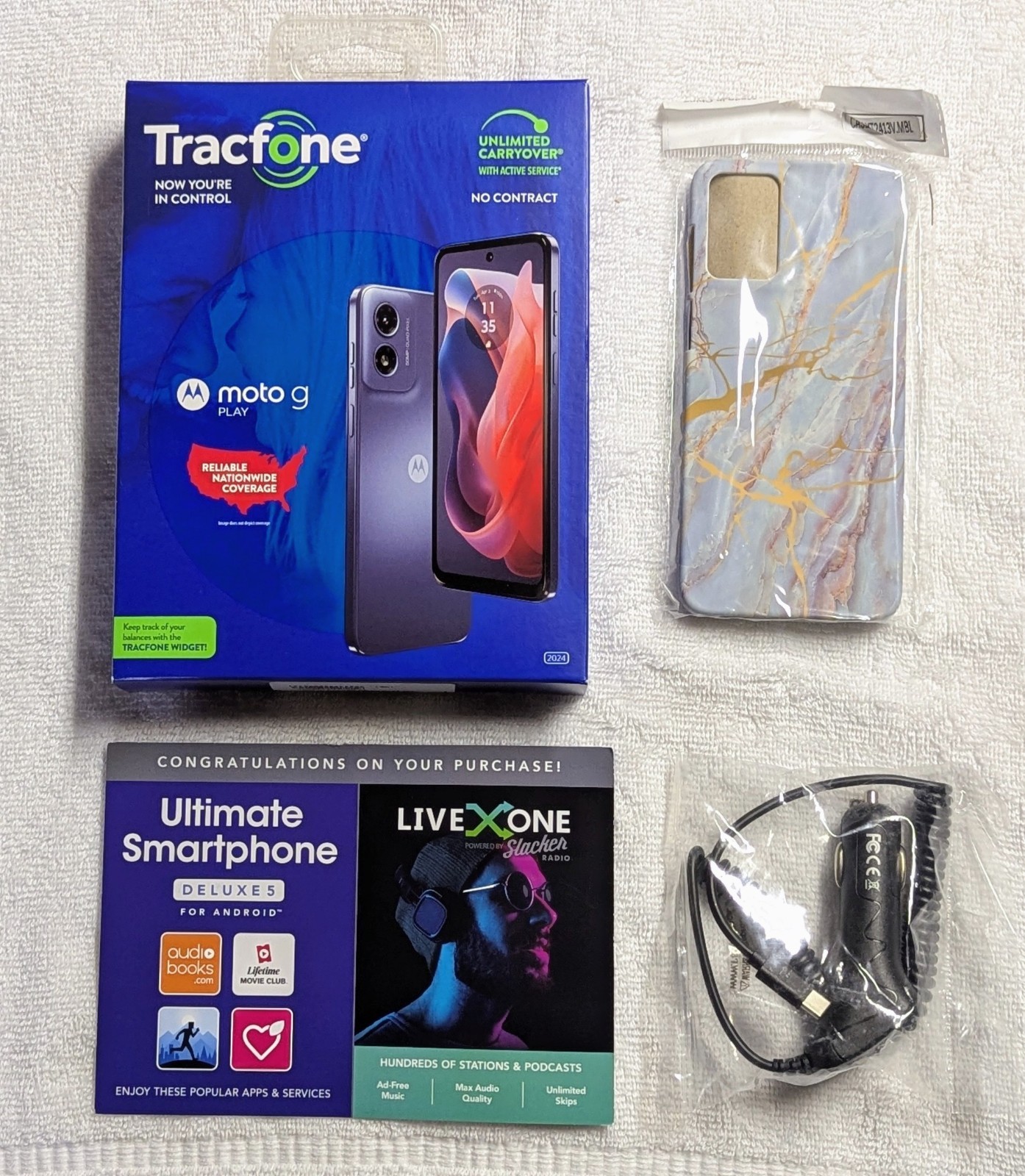 New Moto G Play 2024 6.5″ 64GB + 1 Year Tracfone service with 1500 Min/Text/Data