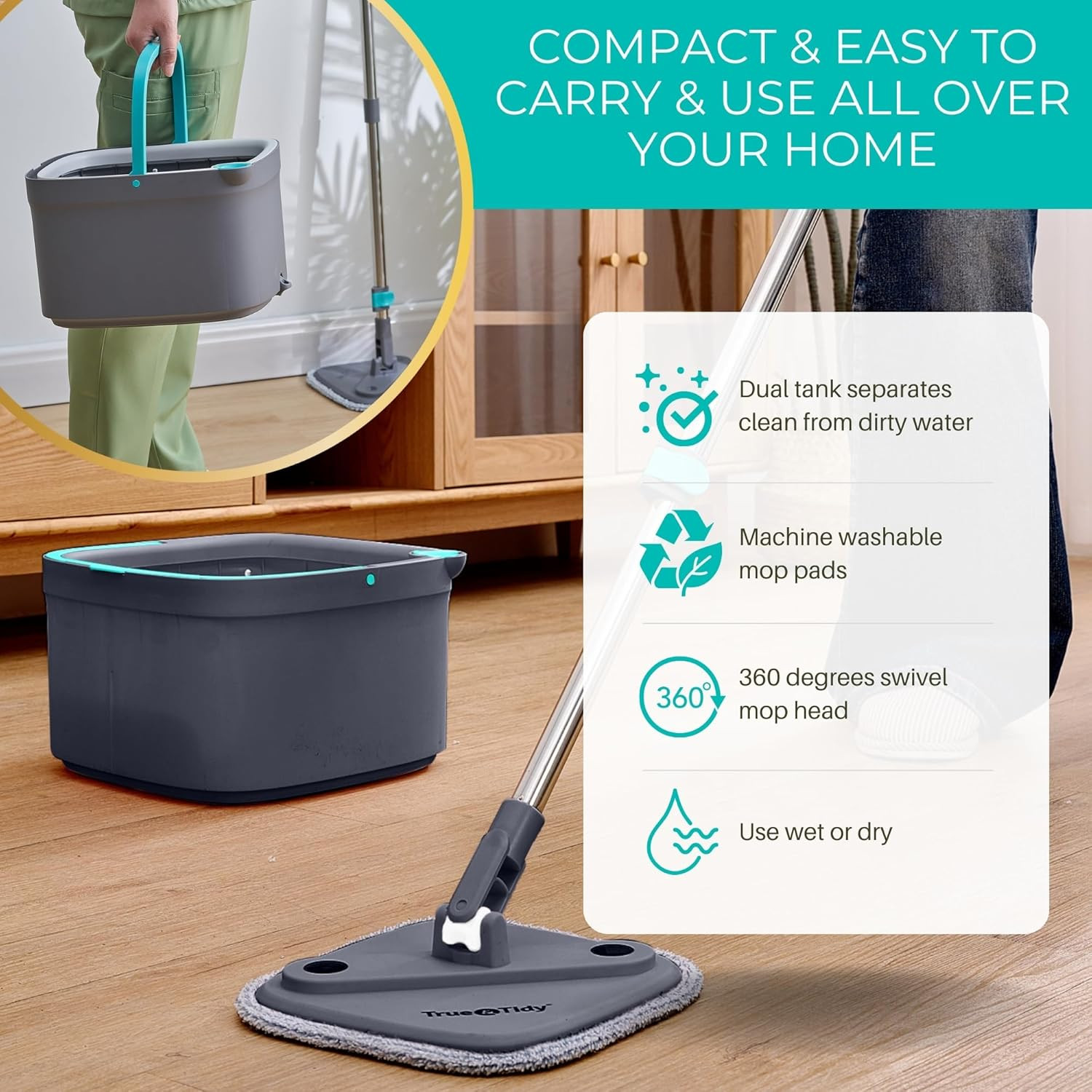 True Clean Spin Mop & Bucket System – Dual Compartment Design for Clean & Dirty