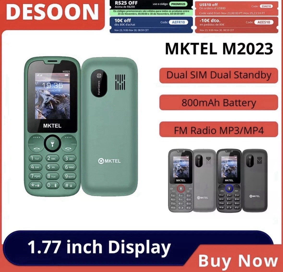 MKTEL M2023 Dual SIM Bar Phone 1.77″ Display FM Radio MP3/MP4 Dual Torch
