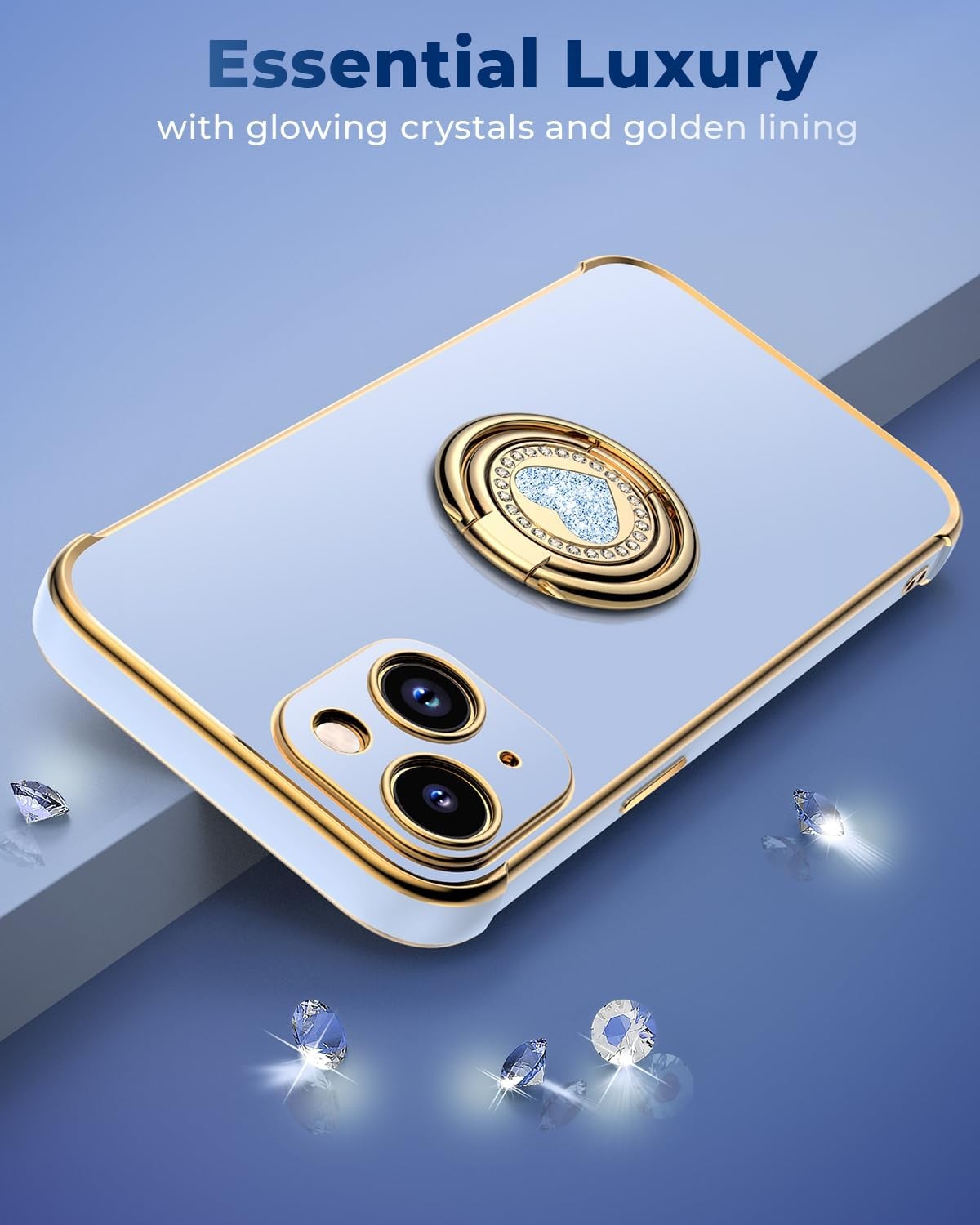 iPhone 14 Plus Case with Stand, Double Ring Kickstand, Cute Love-Heart Bling