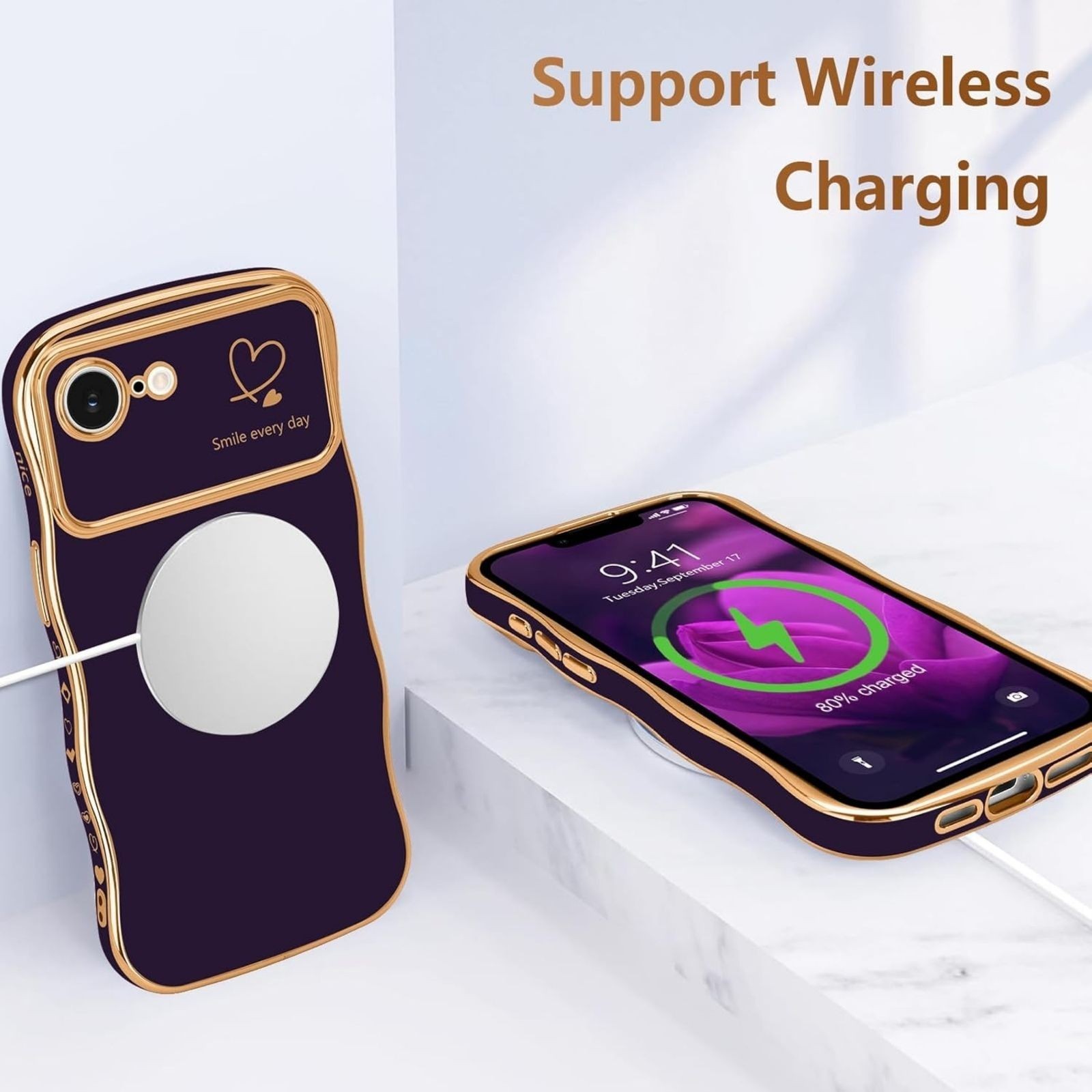 iPhone 16e Case for iPhone 17e Case for Women Girls, Cute Wave Frame Dark Purple