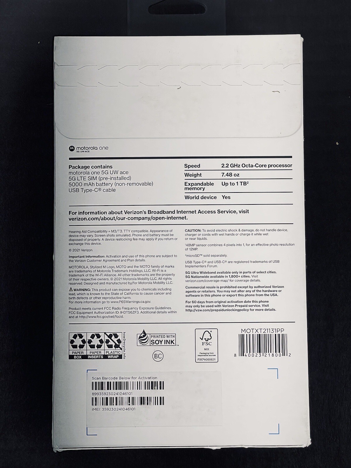 New/Sealed Verizon Motorola One 5GUW Ace Prepaid Volcanic Gray 64GB World Device