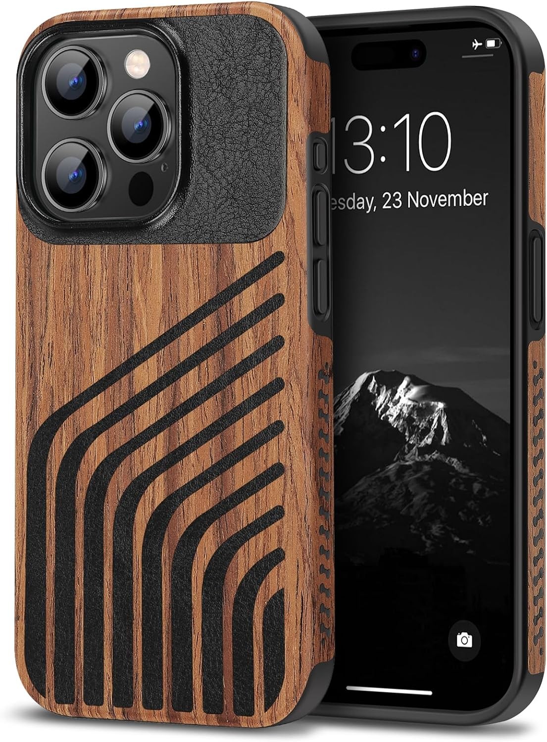 iPhone 15 Pro Case Wood Grain with Carbon Fiber Texture Design Leather Hybrid Sl