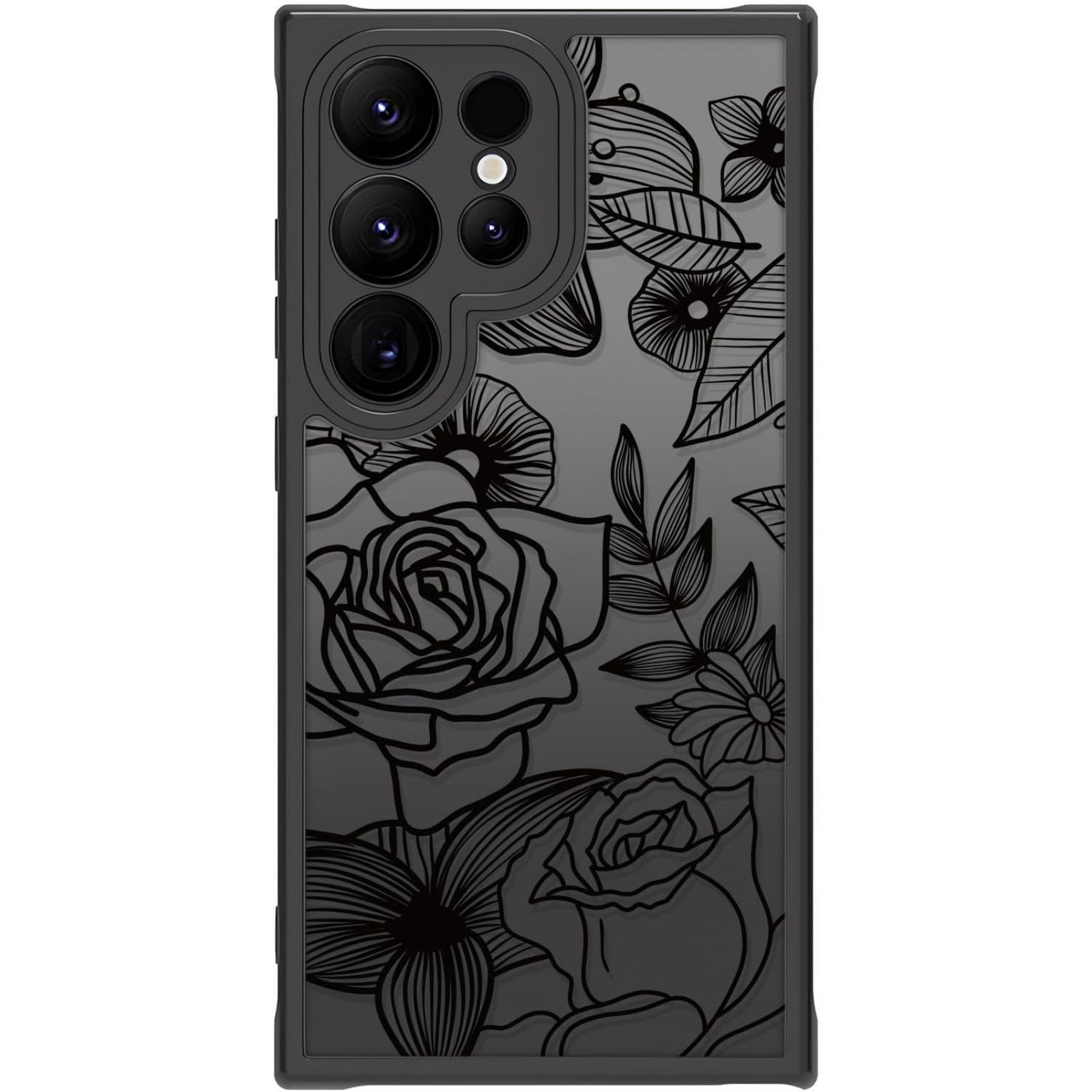 Cute Galaxy S24 Ultra Case, Black Line Art Floral Rose Pattern, Slim Shockproof