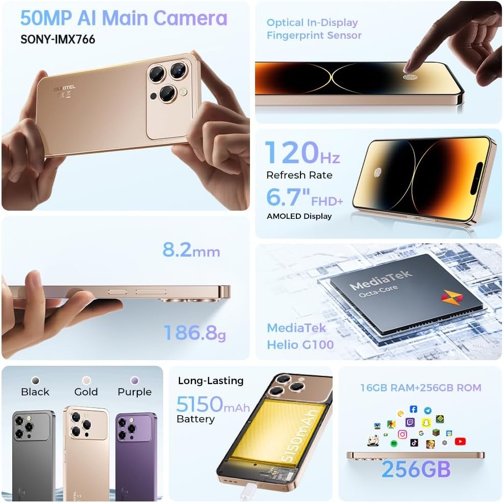 OUKITEL P1 Pro Cell Phone Android 15 16GB+256GB 50MP 120Hz Dual SIM 4G 6.7″ NFC