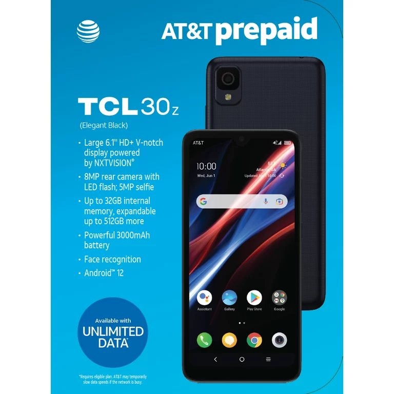 AT&T Locked TCL 30 Z 32GB Smartphone, 6.08″ NXTVISION Display, Android 12, Black