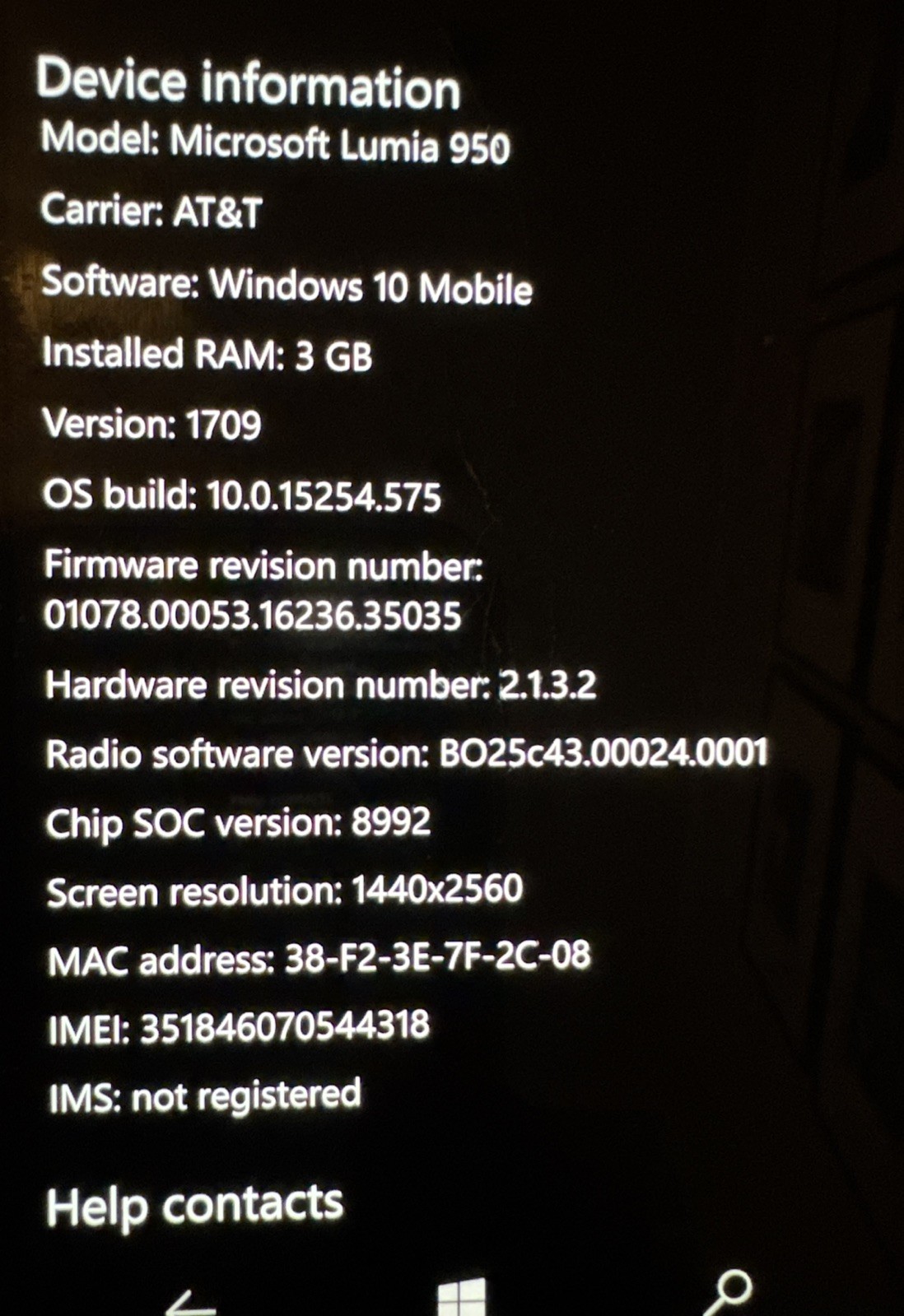 Lumia 950 32GB RM-1105 White (ATT) Fast Ship Good Used Cracked Glass