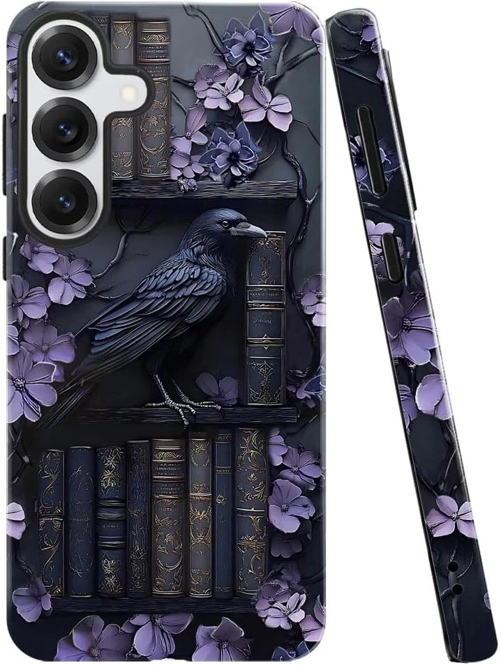 Case for Samsung Galaxy S26 Plus, Purple Floral Crow Bookshelf Phone Case 2 in 1