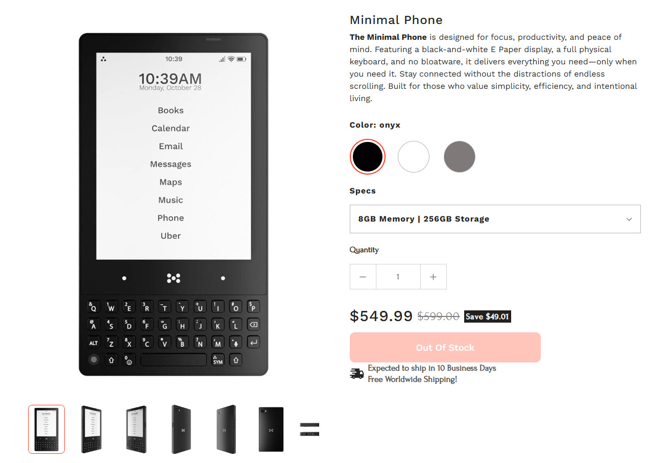 NEW Minimal Phone MP01 Onyx Black, 8GB RAM, 256GB E-ink qwerty keyboard unlocked