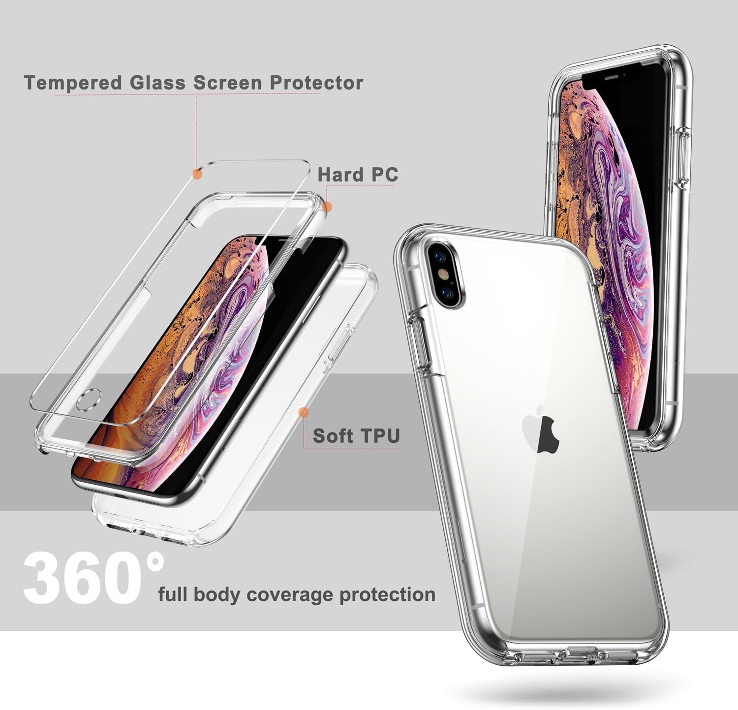 For iPhone X/XS 5.8 Case with Tempered Glass Screen Protector 360 Full Body