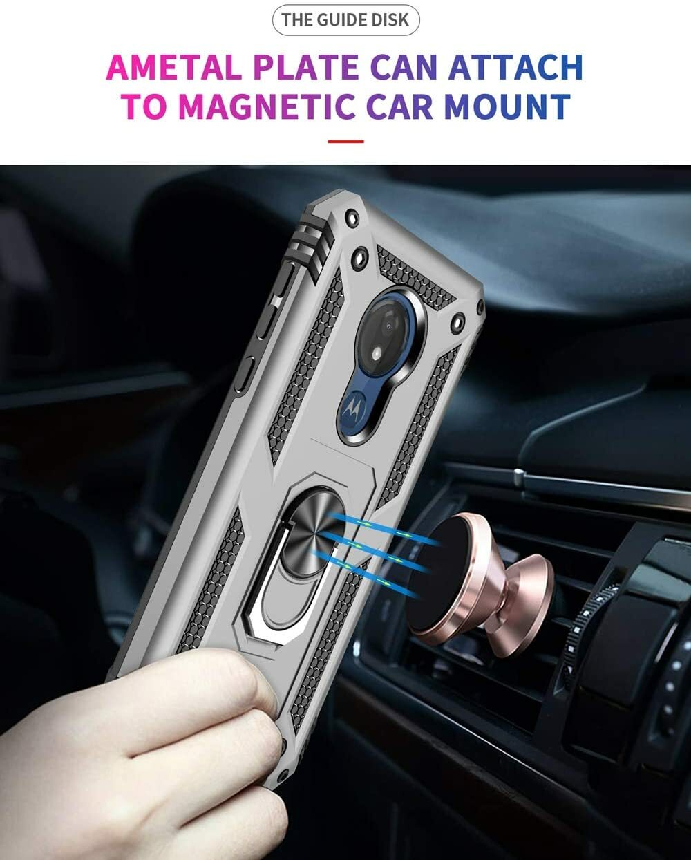 For Motorola Moto G7 Power Case 360 Metal Rotating Ring Kickstand Cover Silver