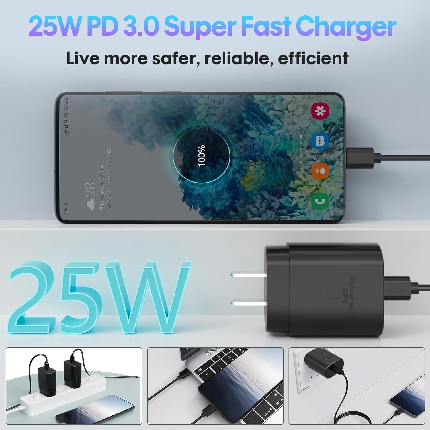 Type C Charger, 3-Pack 25W Super Fast Charging Block with USB C Cable 6FT Black