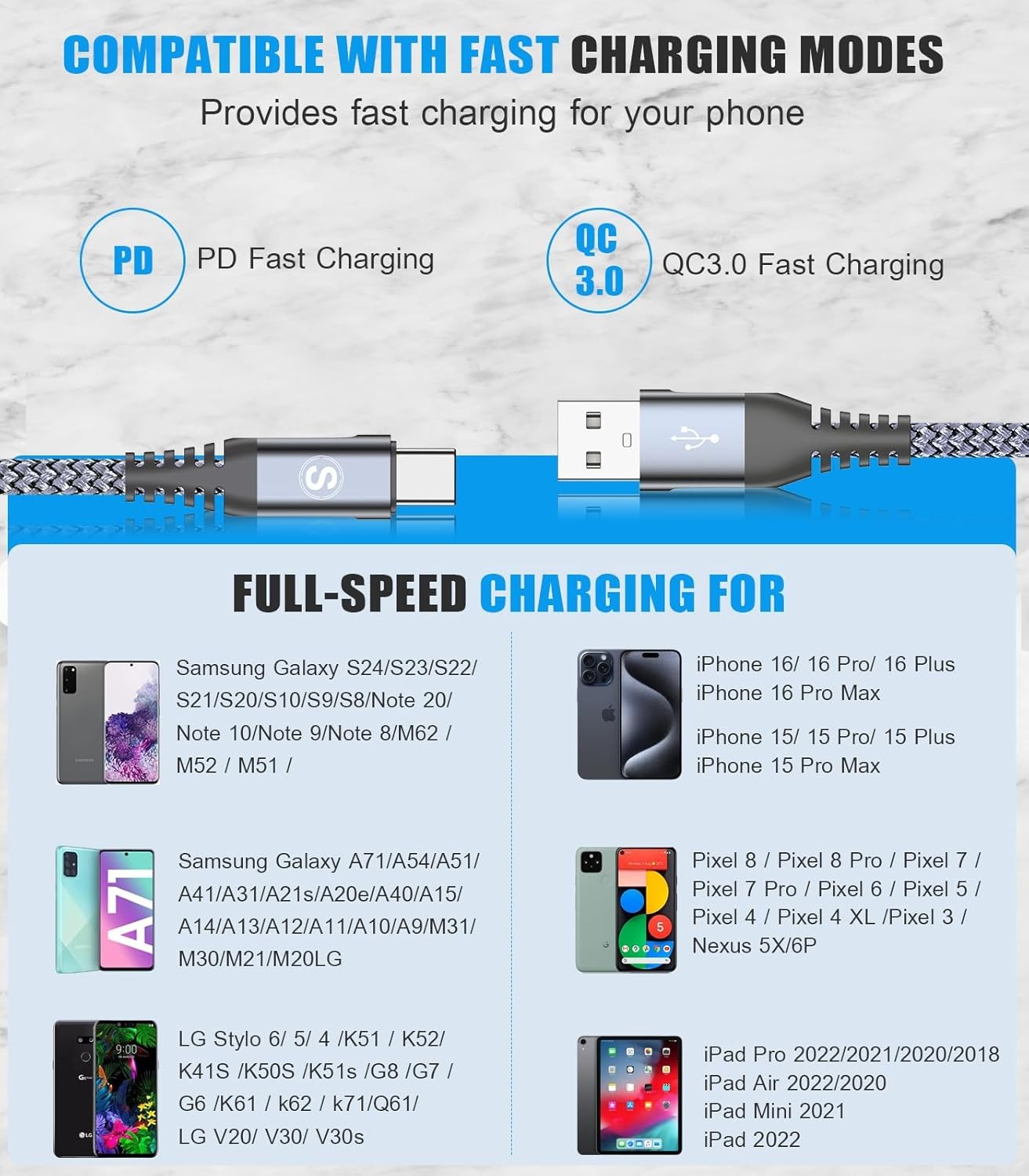 USB Type C Charger Cable [3-Pack, 10ft+6.6ft+3.3ft] for iPhone 15 Pro Max Galaxy
