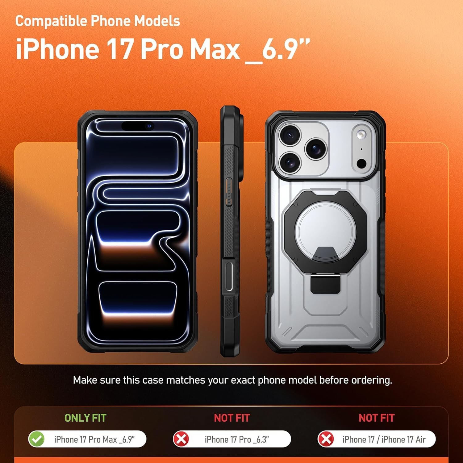 Rugged Shockproof iPhone 17 Pro Max Case with Ring Stand & Camera Control, Midni