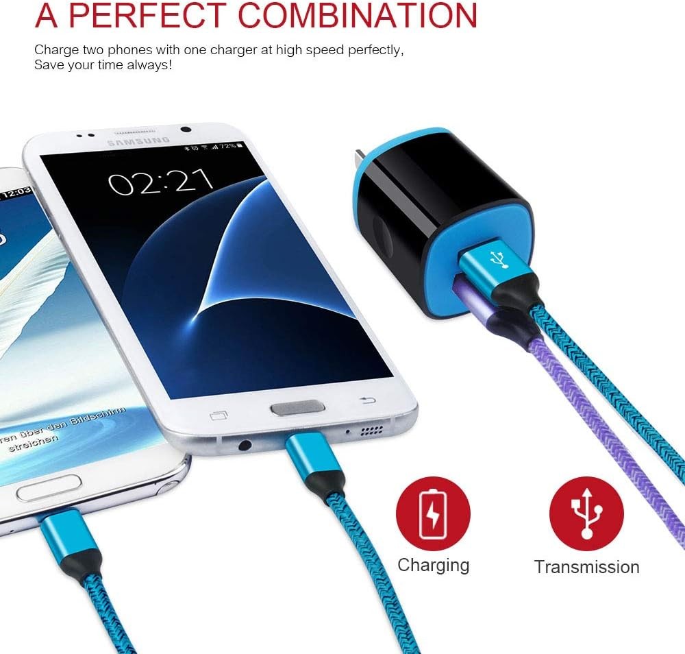 2 Pack Fast Micro USB Charger for Samsung Galaxy S7, S6 Edge 6ft Long