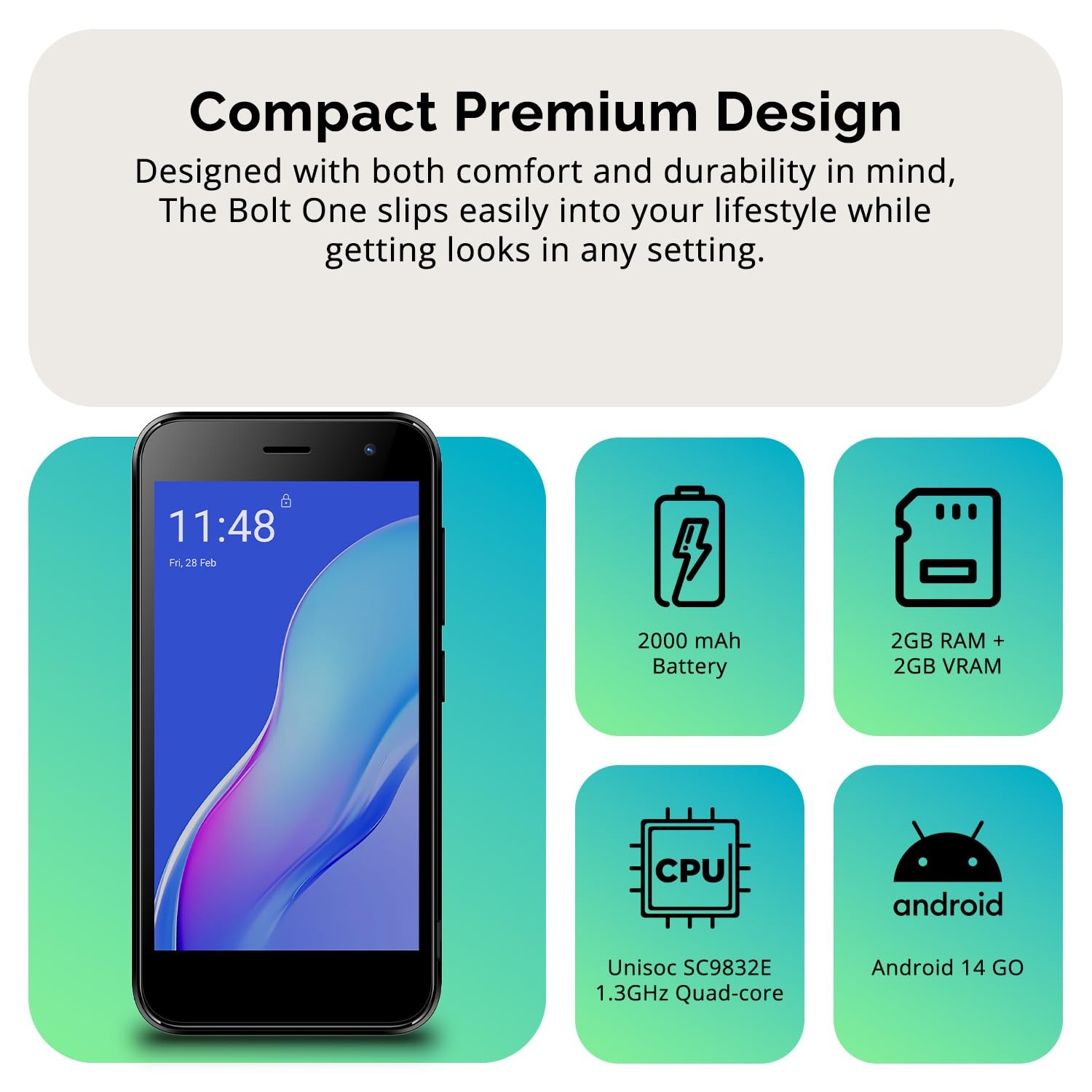 Bolt One | Dual SIM | Unlocked Smartphone | Android 14 (Go Edition) | 2 Day B…