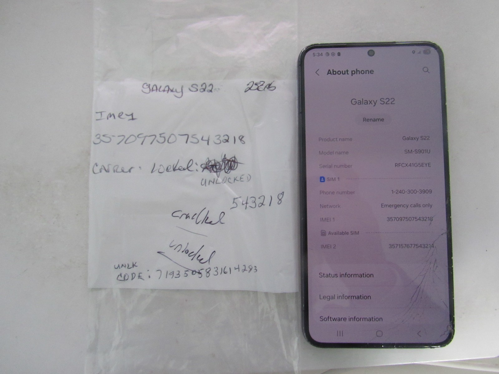 Samsung Galaxy S22 Unlocked 256GB SM-S901U SM-S901U Cracked Glass Clean IMEI