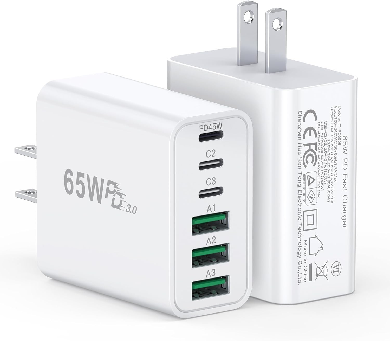 65W 2-Pack USB C Charger Block, 6-Port Fast Charging Brick with QC PD 3.0