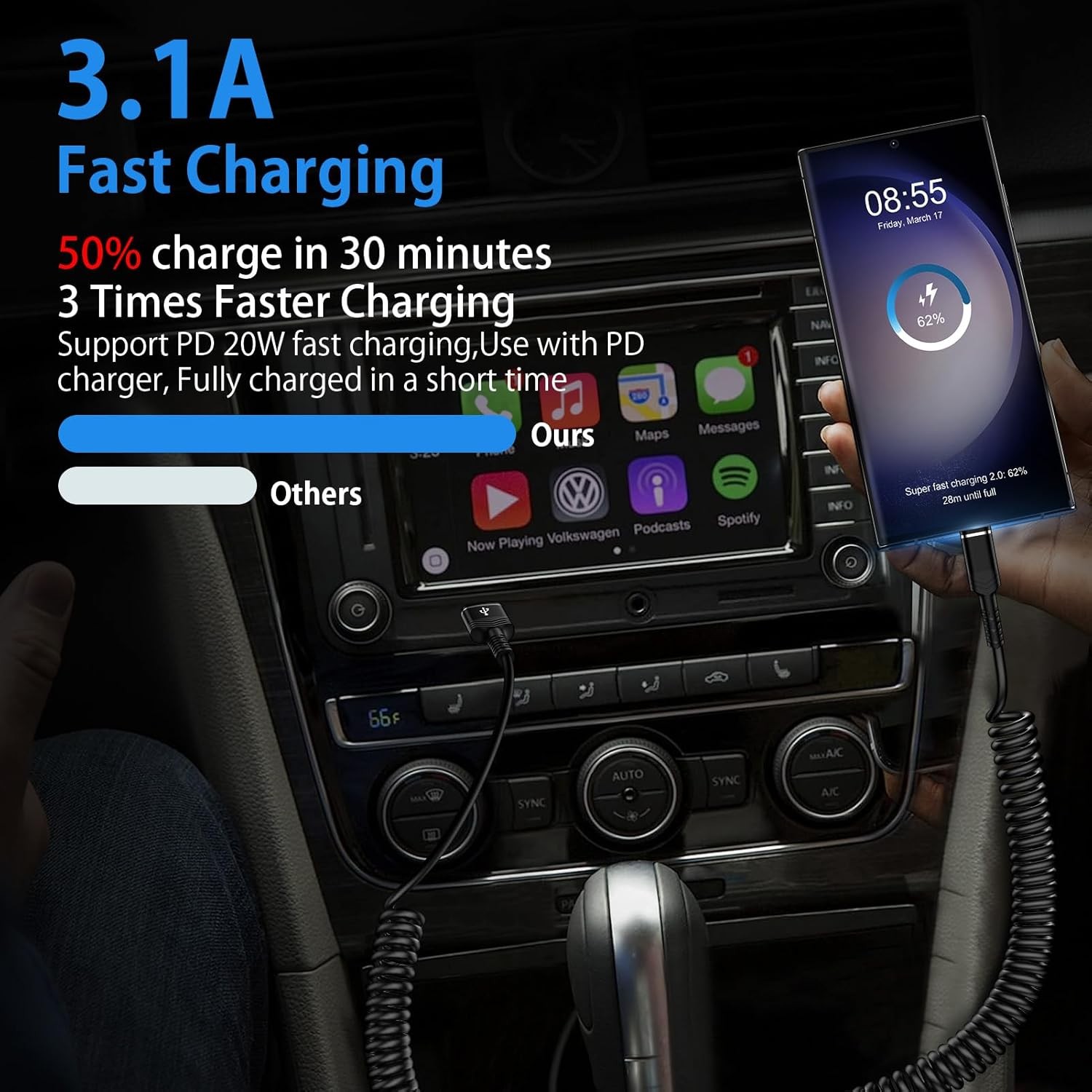 USB to USB-C Fast Charger for iPhone 17/16, 3FT Retractable Cable