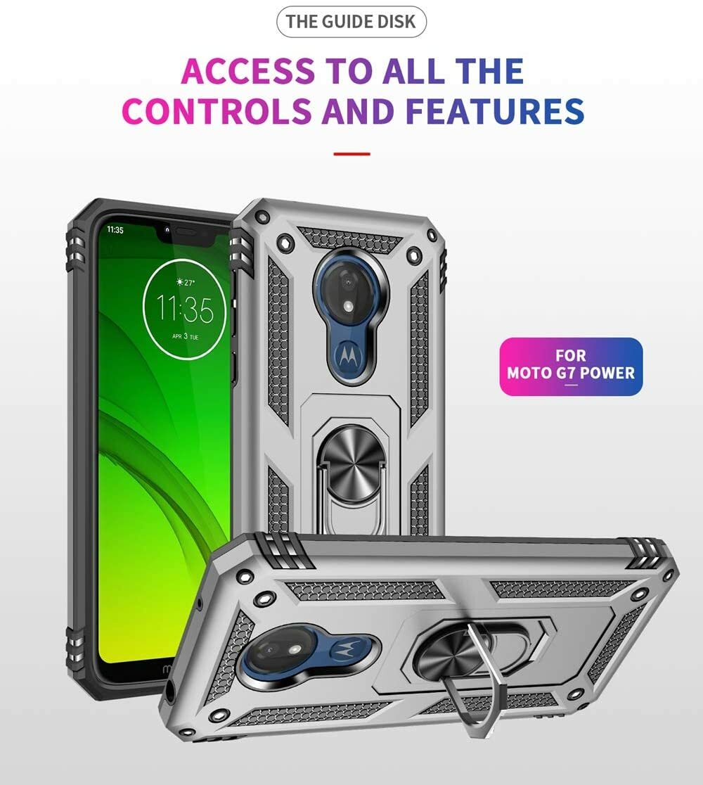 For Motorola Moto G7 Power Case 360 Metal Rotating Ring Kickstand Cover Silver
