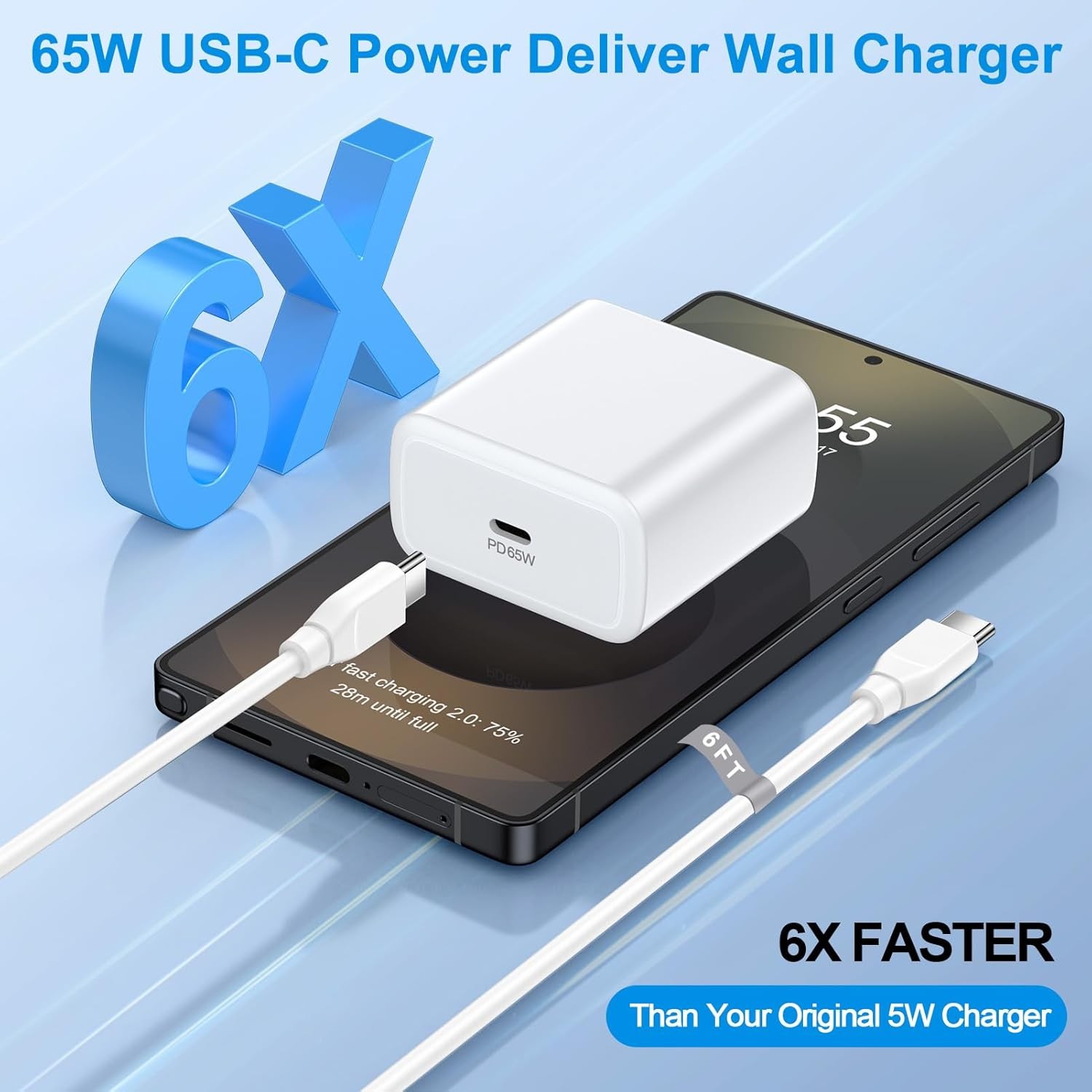 65W Super Fast USB-C Block Charger for Samsung Galaxy S26 S25 Ultra 6ft Cable