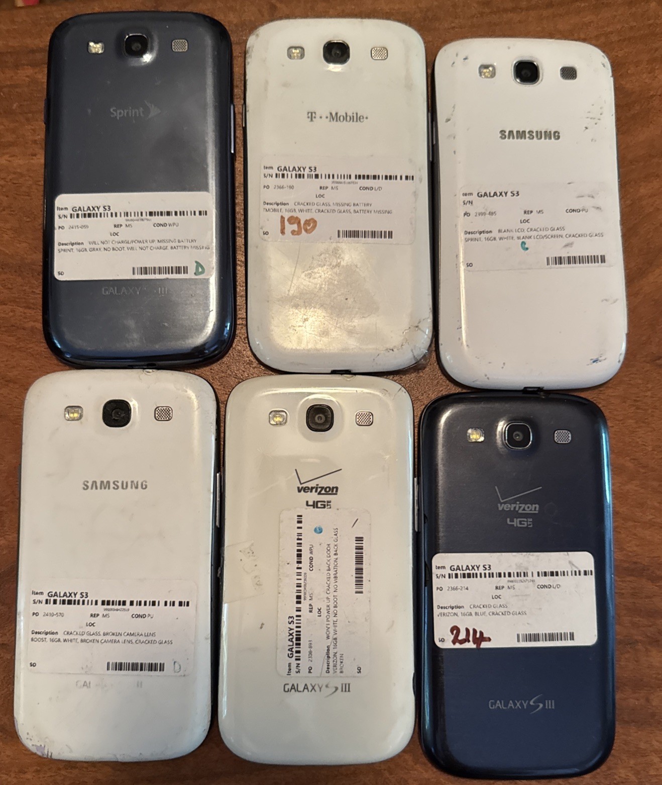 Samsung Lot of 6 Galaxy S3 16GB Fast Ship Fair Used Parts NO Power Cracked