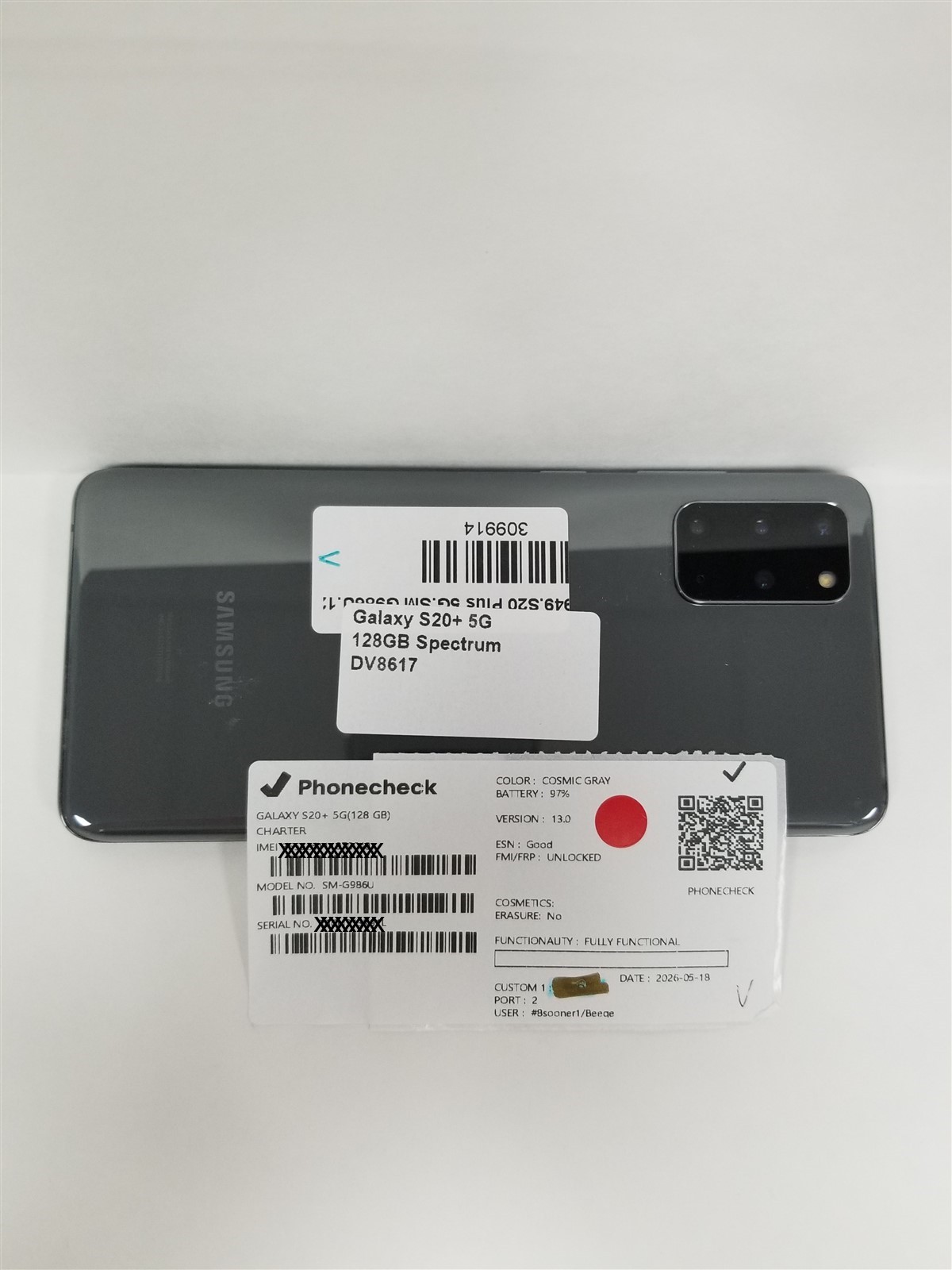 Samsung Galaxy S20+ 5G 128GB Gray SM-G986U (Spectrum) Fully Functional DV8617