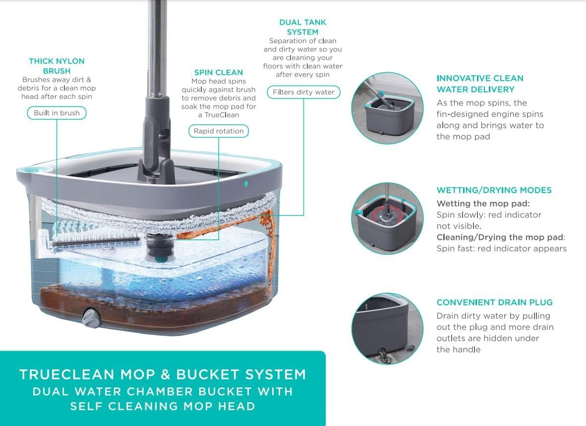 True Clean Spin Mop & Bucket System – Dual Compartment Design for Clean & Dirty