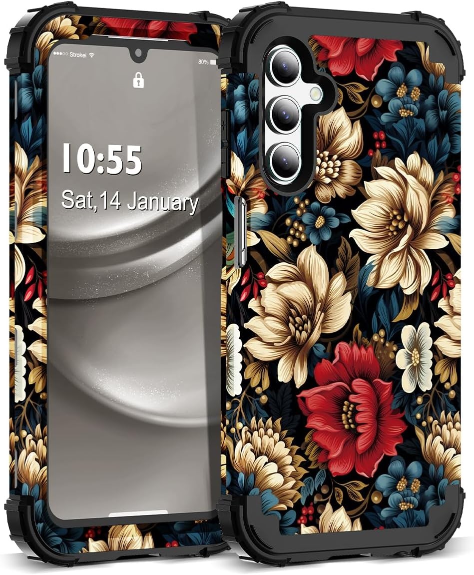 for Galaxy A15 5G Case, 3 in 1 Floral Pattern Heavy Duty Shockproof Protection
