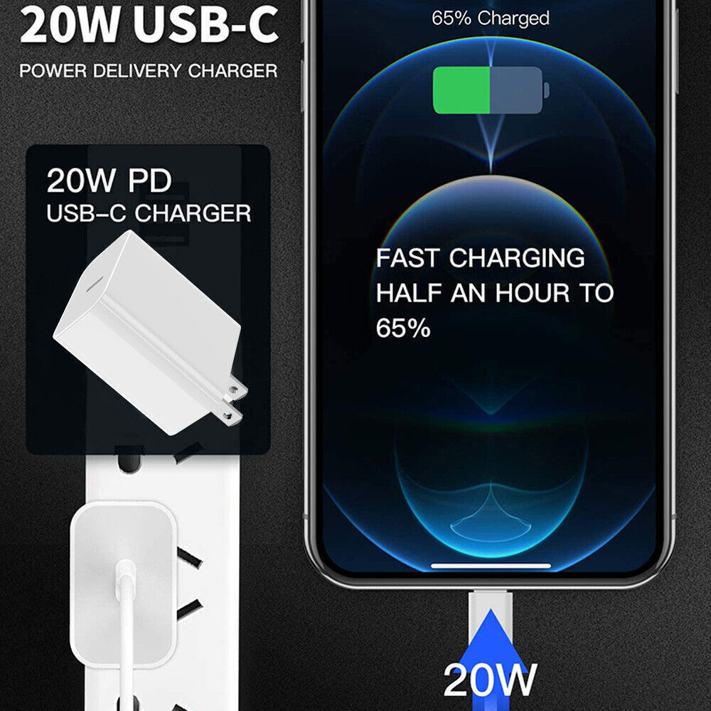 3FT USB-C Cable 20W PD Fast Charger Wall Adapter Phone for Apple 14 13 12 11 X