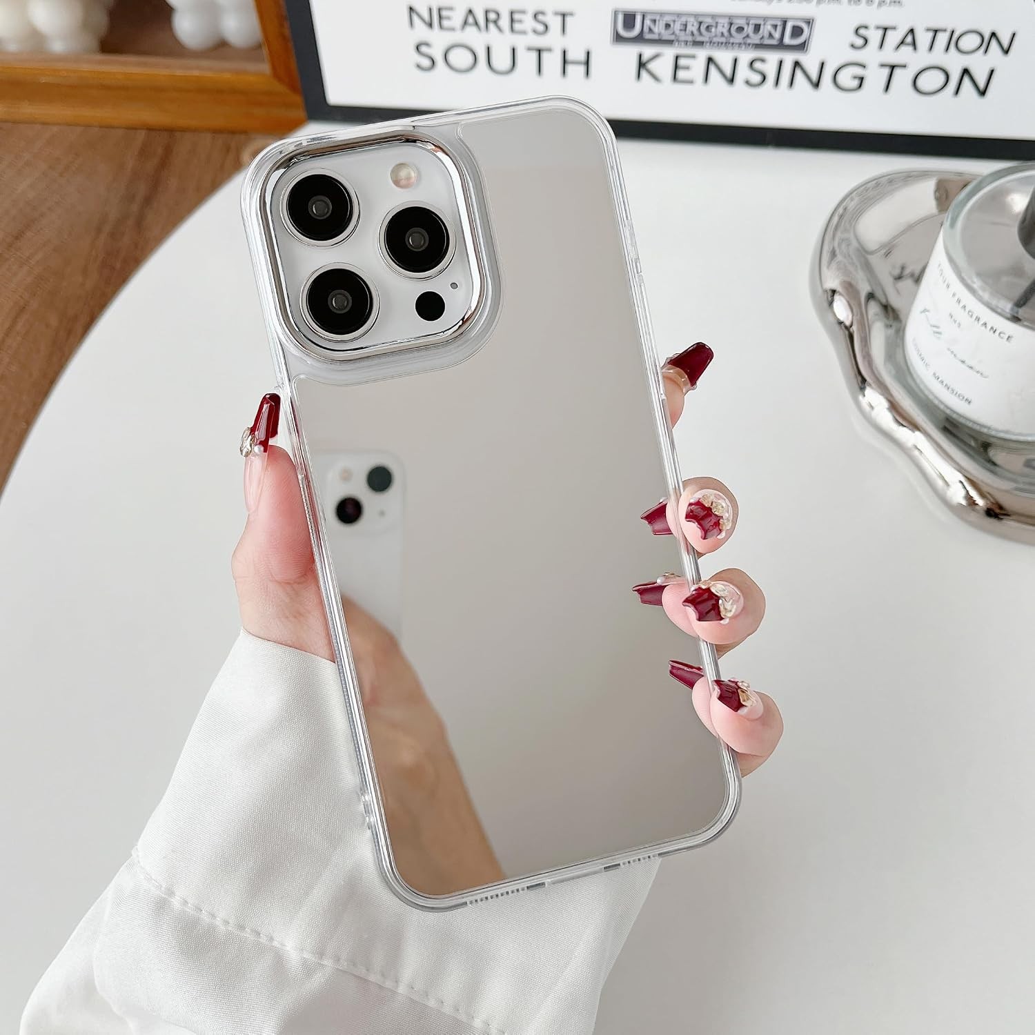 Mirror Case for iPhone 15 Pro Max, Cute Glossy Hard Back + Clear Soft TPU Bumper