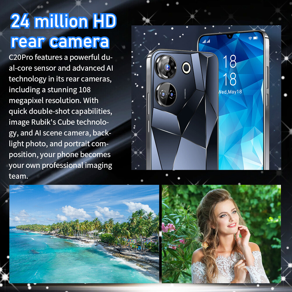 C20 Pro Smartphone Android 6.8” Unlocked 4+64GB 5000mAh 12+24MP Dual Camera