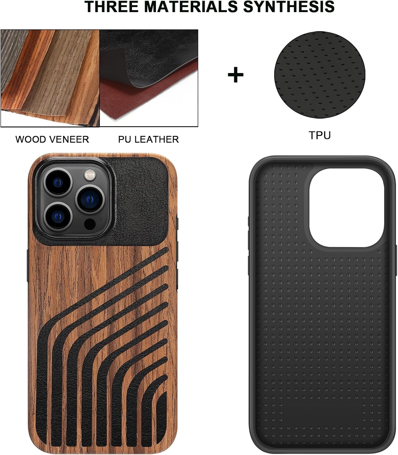 iPhone 15 Pro Case Wood Grain with Carbon Fiber Texture Design Leather Hybrid Sl