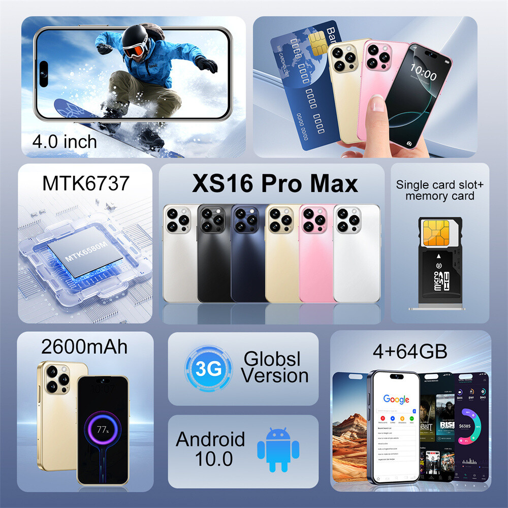 XS16 Pro Max Mini Smartphone 4.0” Android 10 Unlocked 4+64GB GSM WCDMA 2600mAh