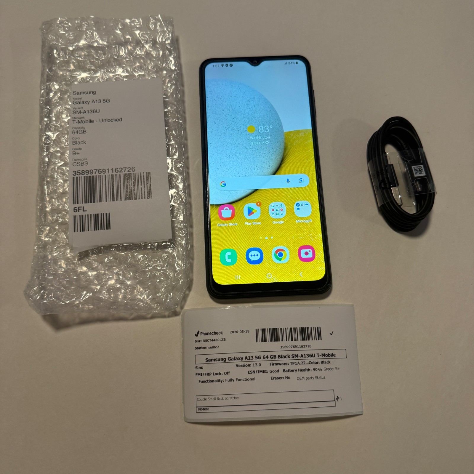 Samsung Galaxy A13 5G – 32gb SM-A136U Black (T-Mobile + Unlocked) Near Mint